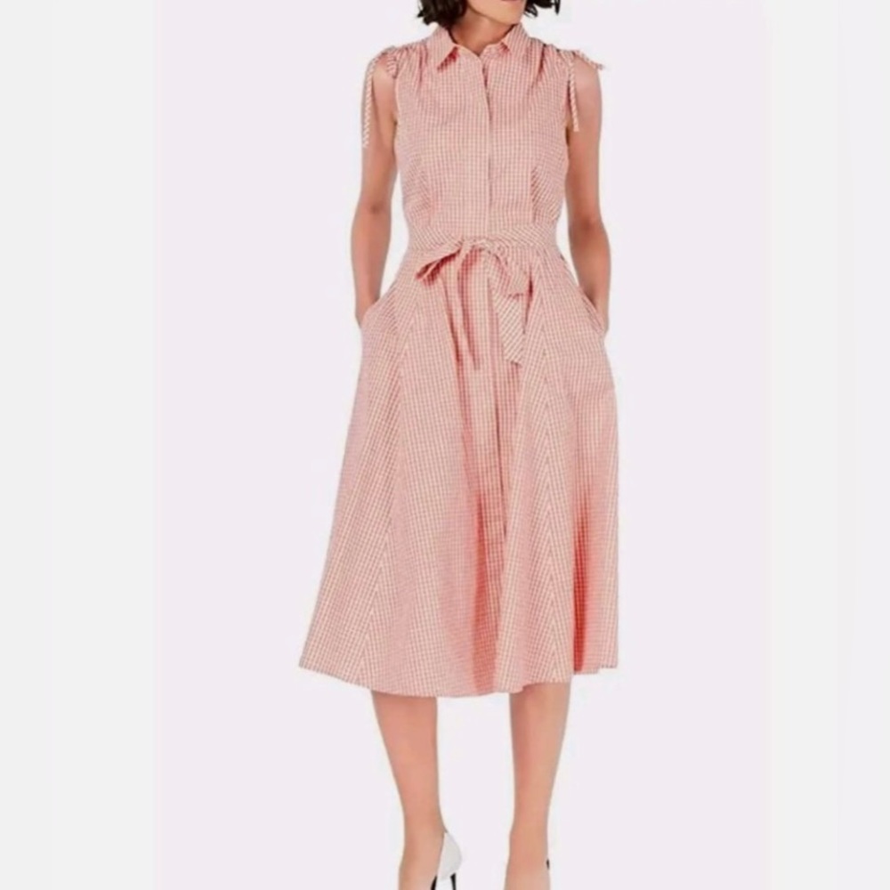 EUC Calvin Klein Red/Orange Gingham Midi Shirtdress